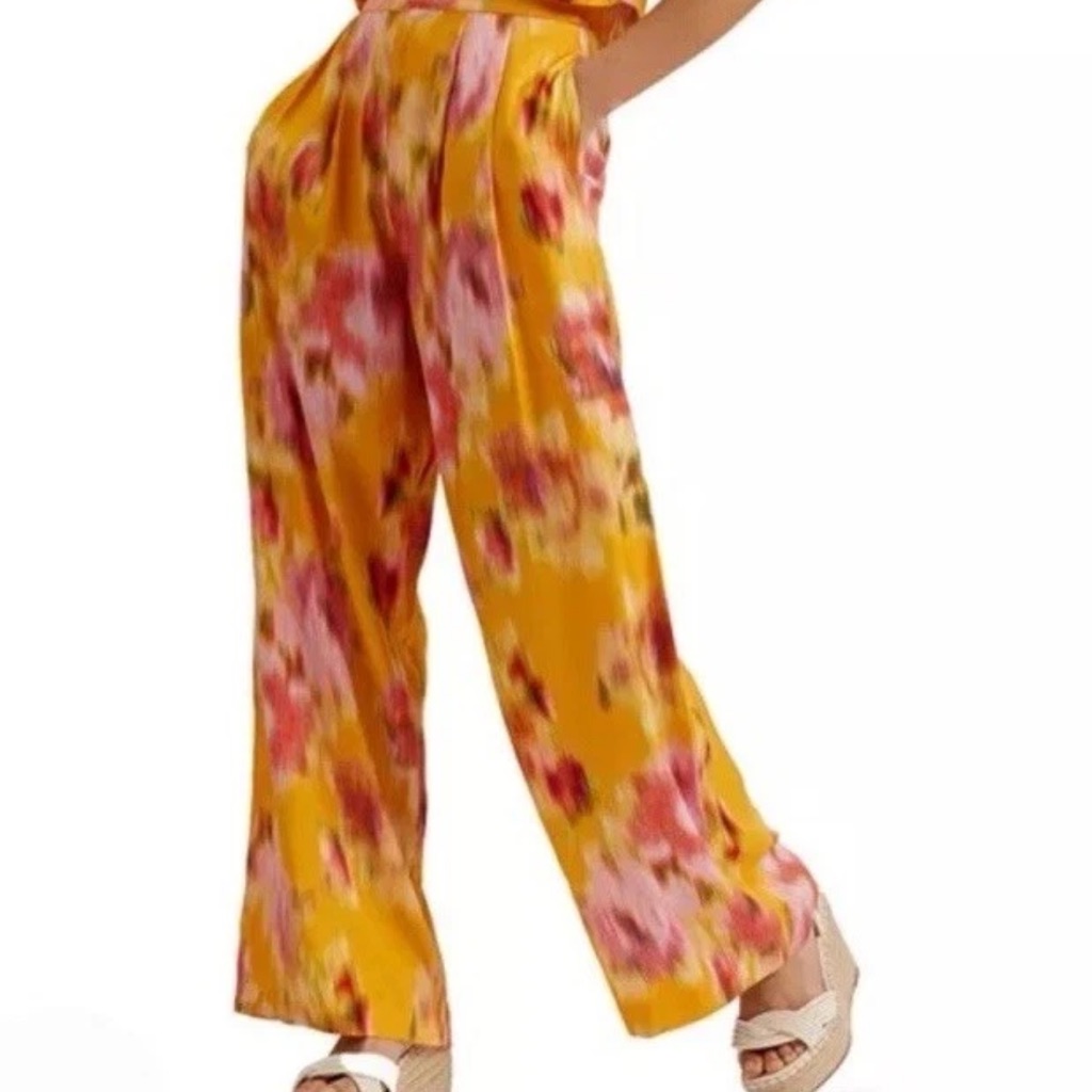 Ted Baker Trousers Women's 0 Yellow Pink Hitako Floral Blured Wide Leg New